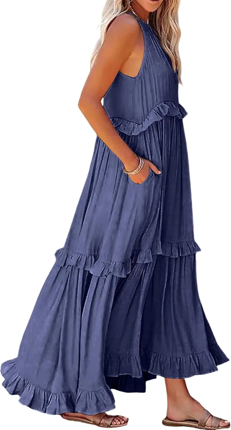 Womens Summer Sleeveless Dress Halter Tie Back Loose Flowy Ruffle Tiered Maxi Dress Beach Swing Long Dresses Sundress