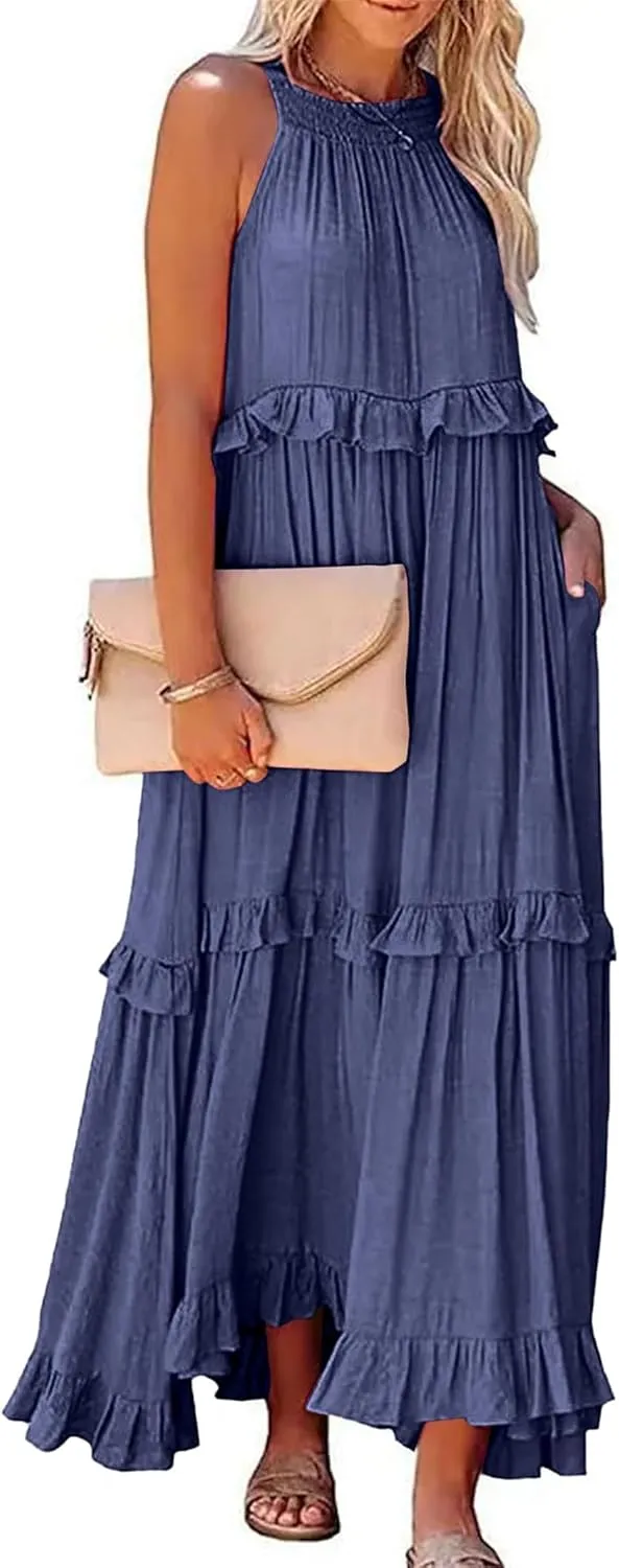 Womens Summer Sleeveless Dress Halter Tie Back Loose Flowy Ruffle Tiered Maxi Dress Beach Swing Long Dresses Sundress