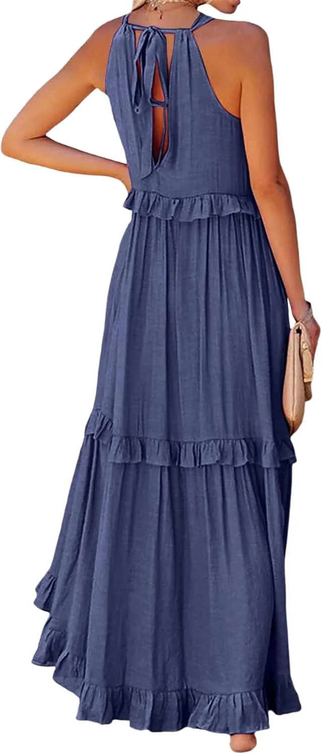 Womens Summer Sleeveless Dress Halter Tie Back Loose Flowy Ruffle Tiered Maxi Dress Beach Swing Long Dresses Sundress
