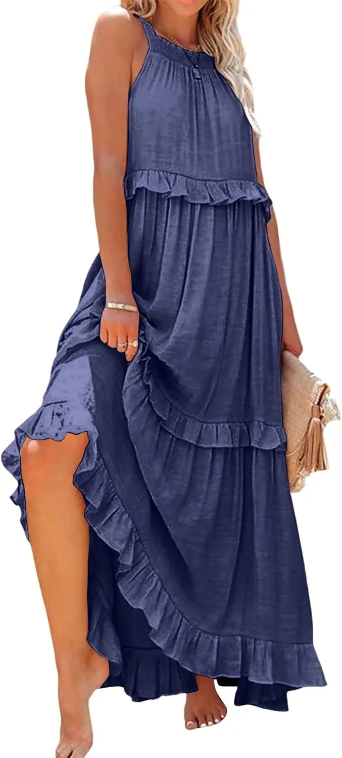 Womens Summer Sleeveless Dress Halter Tie Back Loose Flowy Ruffle Tiered Maxi Dress Beach Swing Long Dresses Sundress