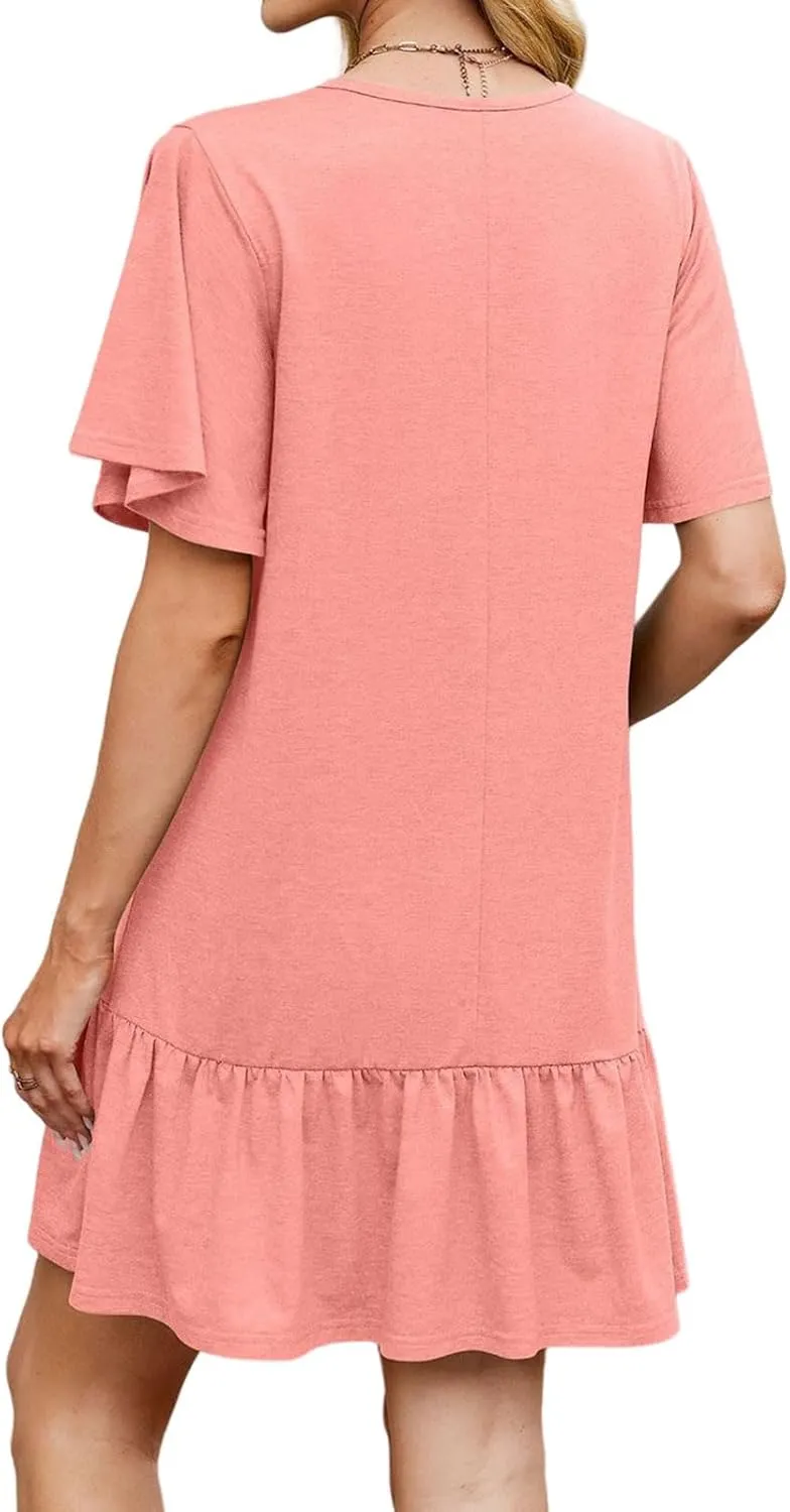 Womens Summer T Shirt Dress Ruffle Hem Casual Short Sleeve Crewneck Dresses Loose Fit Vacation Mini Dresses