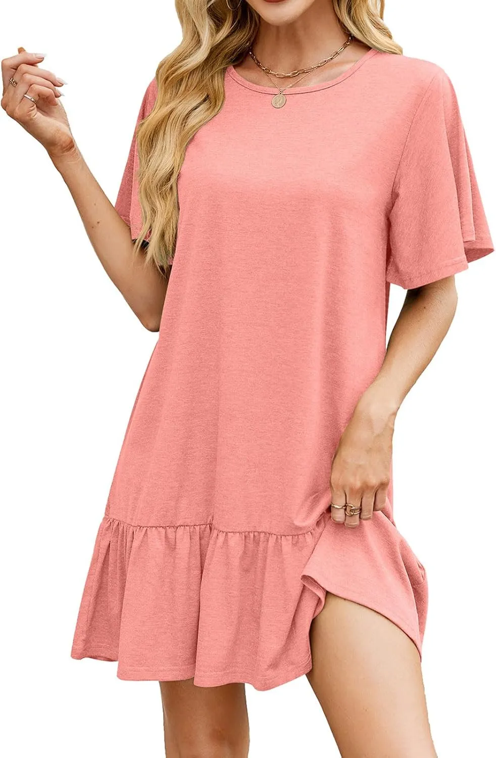 Womens Summer T Shirt Dress Ruffle Hem Casual Short Sleeve Crewneck Dresses Loose Fit Vacation Mini Dresses