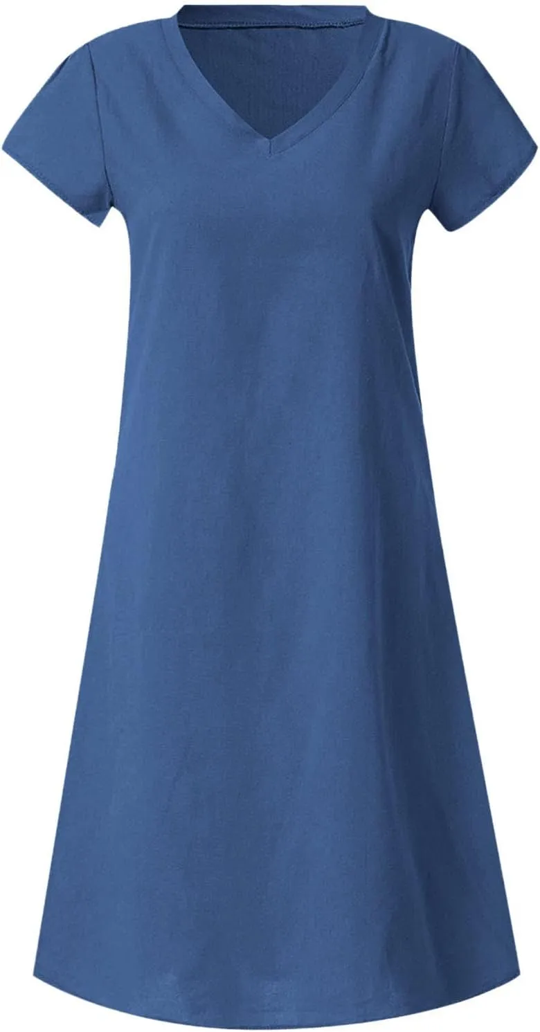Womens Summer V-Neck Short Sleeve Dress Solid Cotton Linen Loose Dress Casual Shirt Dress Midi Length