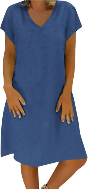 Womens Summer V-Neck Short Sleeve Dress Solid Cotton Linen Loose Dress Casual Shirt Dress Midi Length