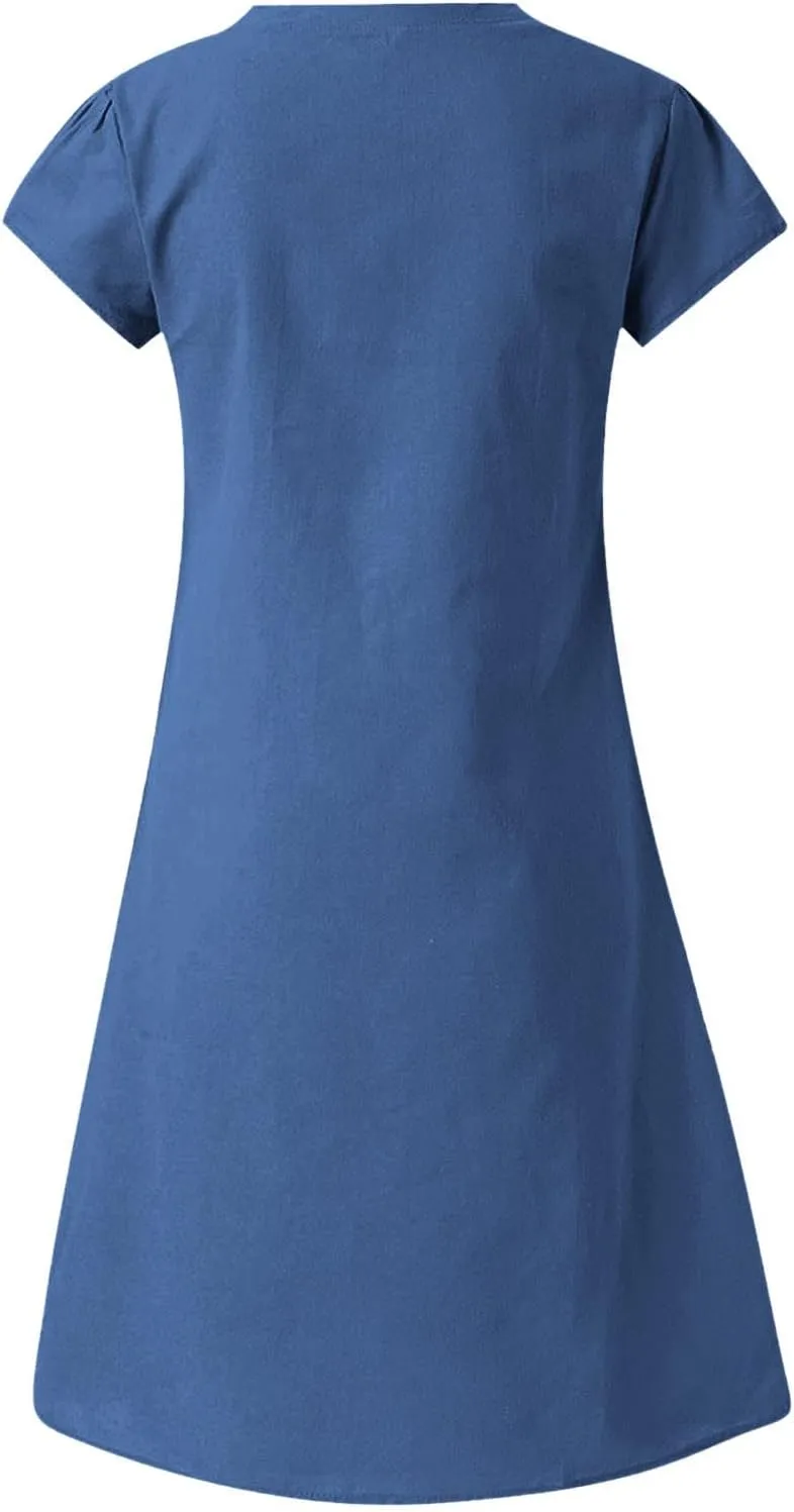 Womens Summer V-Neck Short Sleeve Dress Solid Cotton Linen Loose Dress Casual Shirt Dress Midi Length