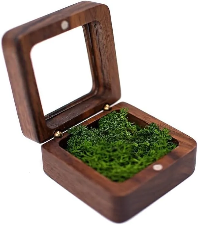 Wooden Ring Box,Mini Engagement Ring Holder Box with Single Slot,Proposal Ring Bearer Box,Jewelry Display Case,Square Ring Holder(Wood&Green)
