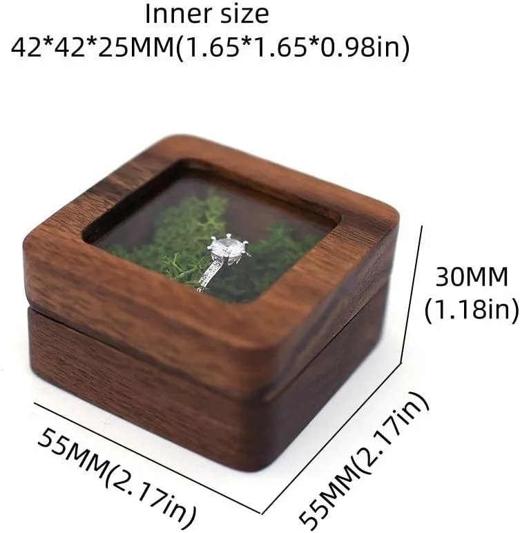 Wooden Ring Box,Mini Engagement Ring Holder Box with Single Slot,Proposal Ring Bearer Box,Jewelry Display Case,Square Ring Holder(Wood&Green)