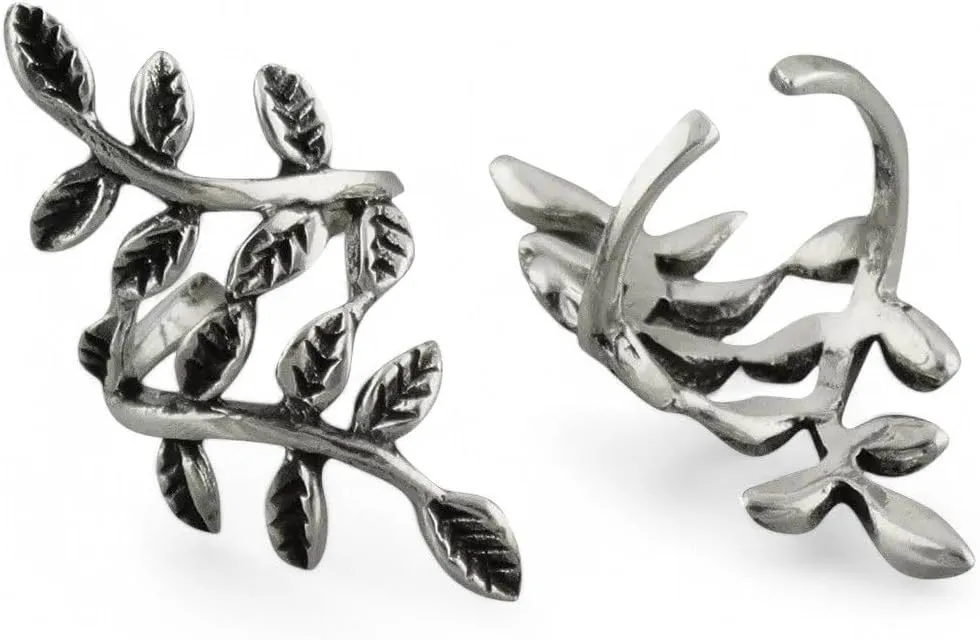 Wrapped Vine Ear Cuff Earrings - 925 Sterling Silver - Mirrored Leaves Gift - Sterling Silver Earrings - Silver Earrings For Women