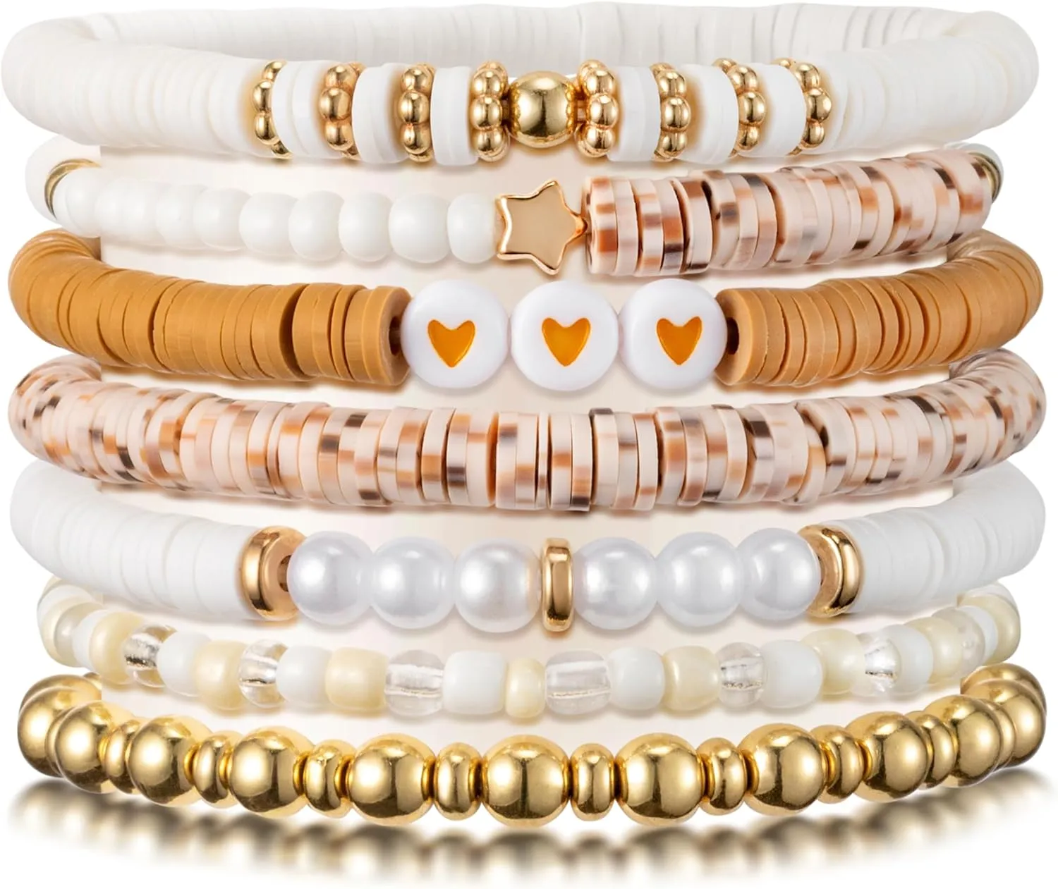 Y1tvei Brown Bracelets for Women - 7Pcs Brown White Spot Clay Bead Surfer Bracelet Set Gold Plated Bead Stackable Stretch Bracelet Layering Summer Beach Jewelry Friendship Bracelet Gift for Women Girl