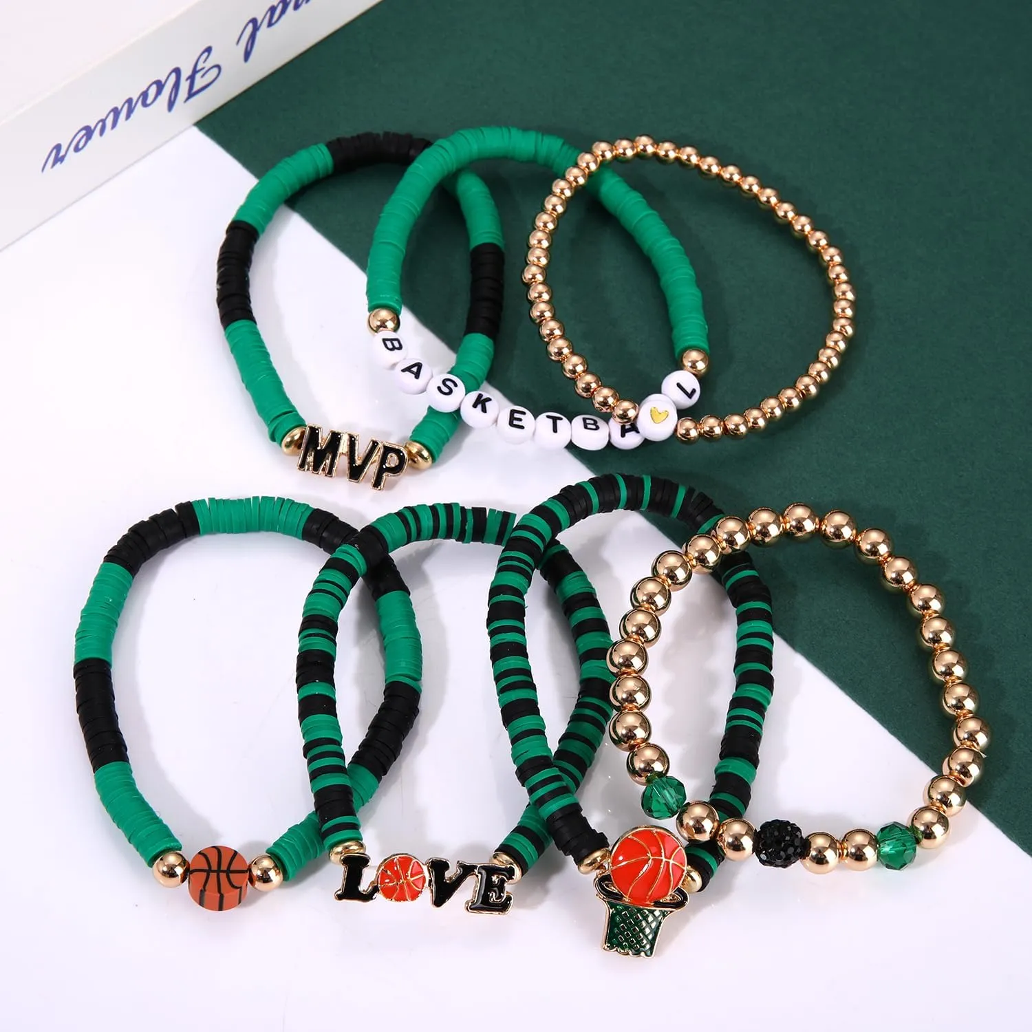YAHPERN 7 Pack Basketball Bracelets for Women Stackable Heishi Beaded Friendship Bracelets Game Day Basketball Outfits Accessories Party Favors Gifts