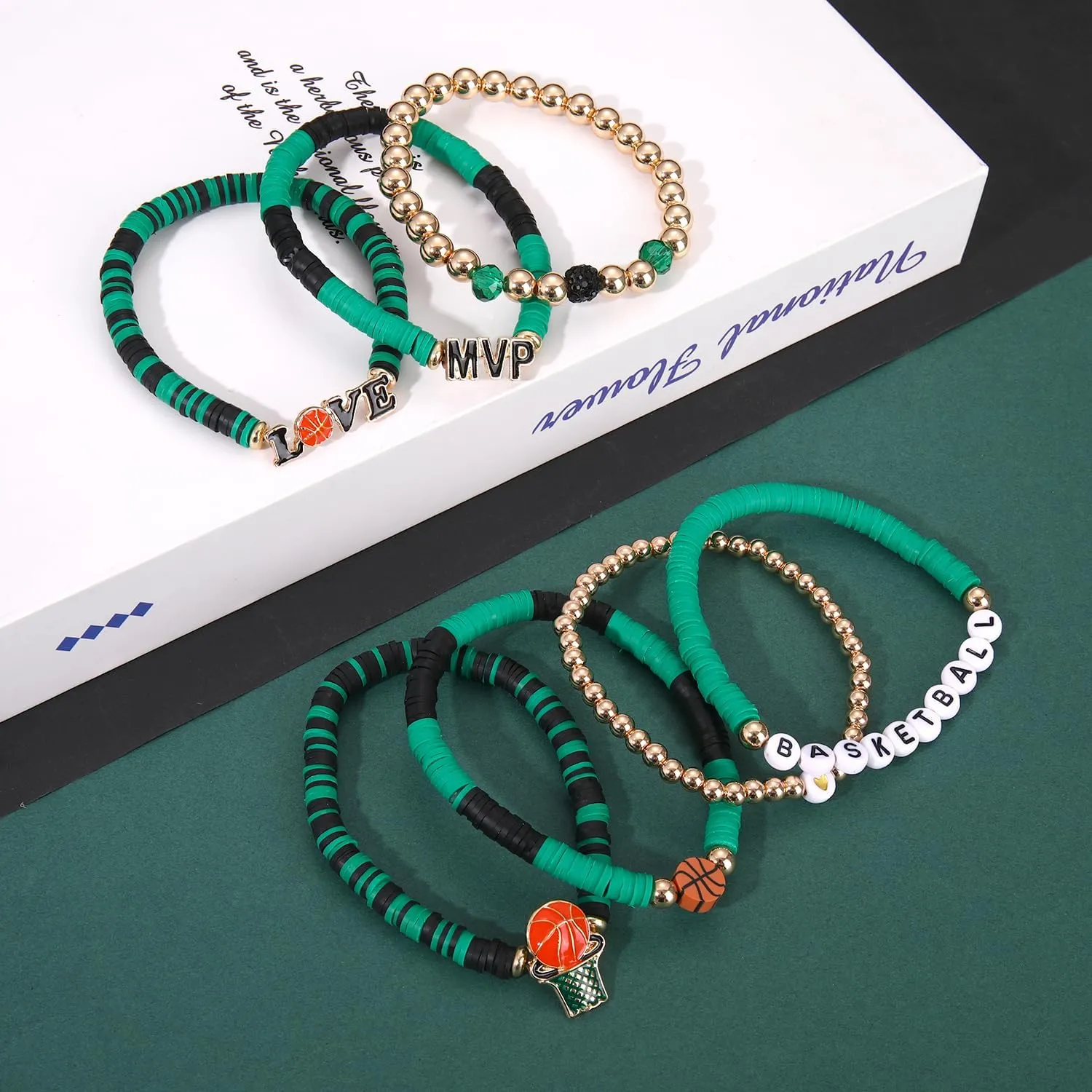YAHPERN 7 Pack Basketball Bracelets for Women Stackable Heishi Beaded Friendship Bracelets Game Day Basketball Outfits Accessories Party Favors Gifts