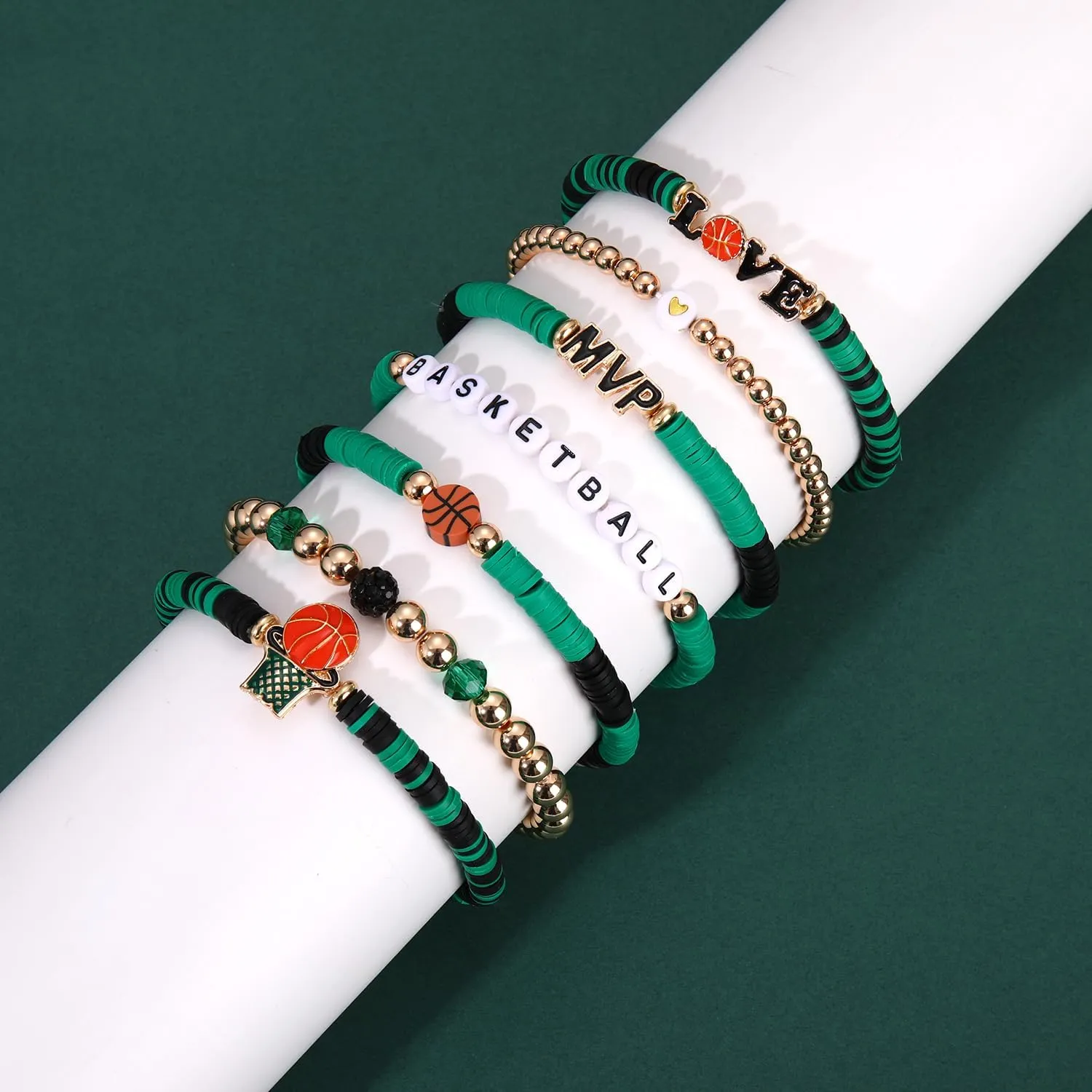 YAHPERN 7 Pack Basketball Bracelets for Women Stackable Heishi Beaded Friendship Bracelets Game Day Basketball Outfits Accessories Party Favors Gifts