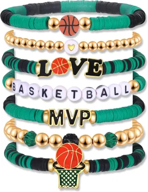 YAHPERN 7 Pack Basketball Bracelets for Women Stackable Heishi Beaded Friendship Bracelets Game Day Basketball Outfits Accessories Party Favors Gifts