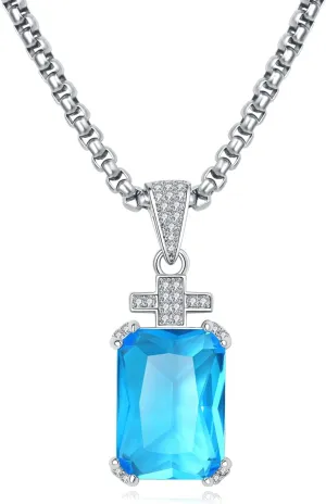 YAMI Necklace for Men, Cross Pendant with 24" Stainless Steel Chain, 17.5-Carat Cubic Zirconia Diamond, Emerald Cut Birthstone, Jewelry Gift for Boyfriend/Husband