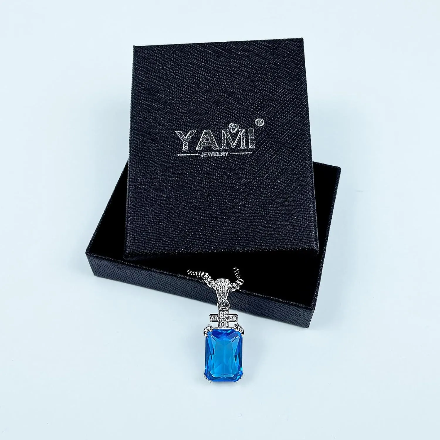 YAMI Necklace for Men, Cross Pendant with 24" Stainless Steel Chain, 17.5-Carat Cubic Zirconia Diamond, Emerald Cut Birthstone, Jewelry Gift for Boyfriend/Husband