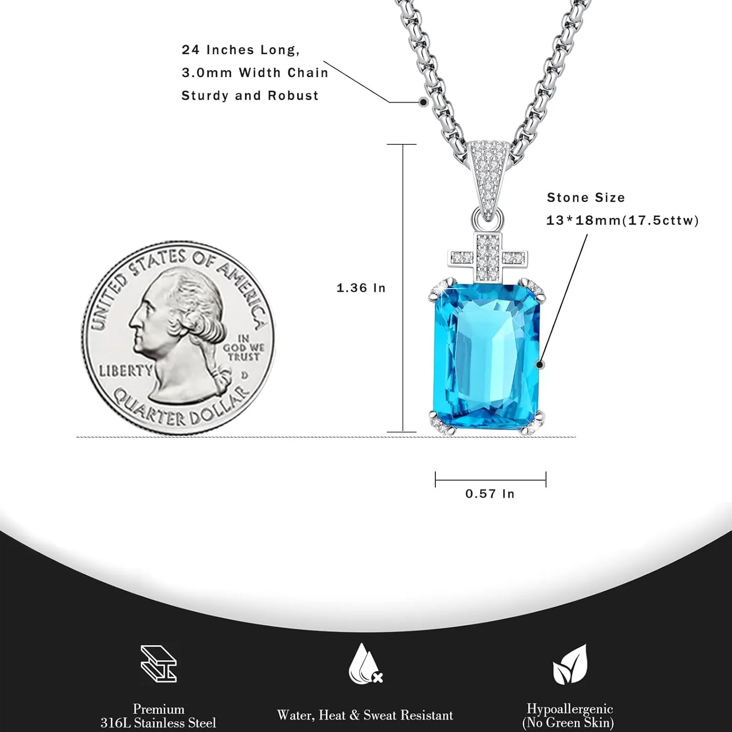 YAMI Necklace for Men, Cross Pendant with 24" Stainless Steel Chain, 17.5-Carat Cubic Zirconia Diamond, Emerald Cut Birthstone, Jewelry Gift for Boyfriend/Husband