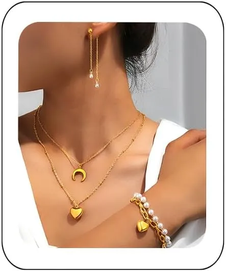 YAZILIND Silver/Gold Jewelry Set for Women,heart pendant necklace Drop Earrings Pearl stackable bracelets For prom bridal jewelry