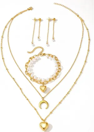 YAZILIND Silver/Gold Jewelry Set for Women,heart pendant necklace Drop Earrings Pearl stackable bracelets For prom bridal jewelry