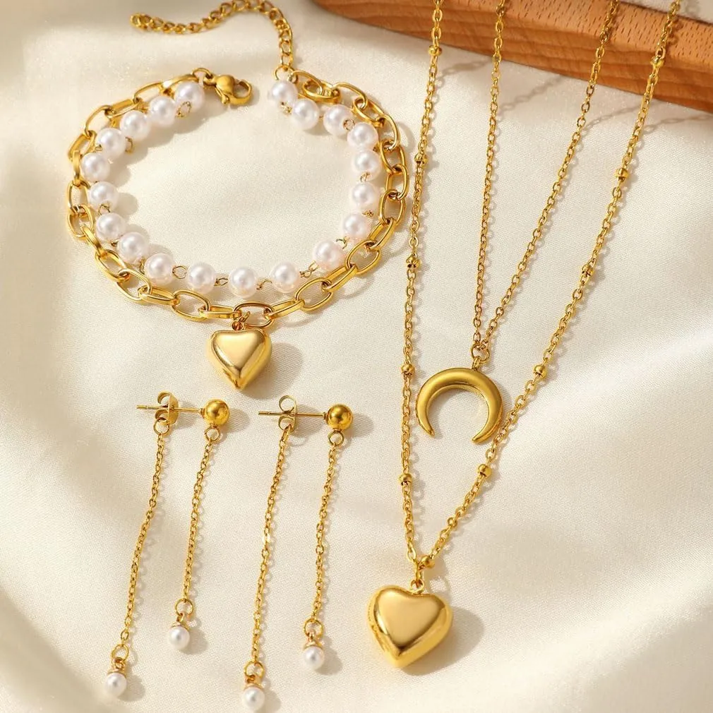 YAZILIND Silver/Gold Jewelry Set for Women,heart pendant necklace Drop Earrings Pearl stackable bracelets For prom bridal jewelry