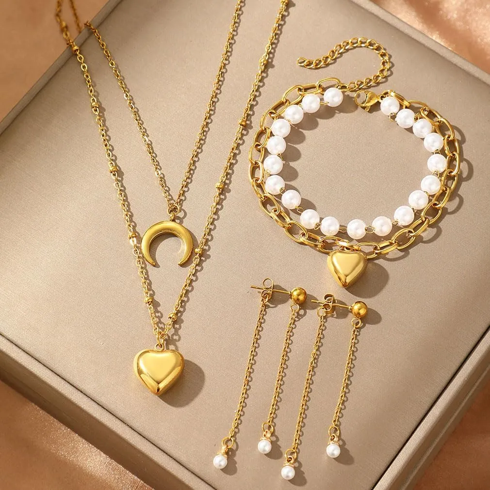 YAZILIND Silver/Gold Jewelry Set for Women,heart pendant necklace Drop Earrings Pearl stackable bracelets For prom bridal jewelry