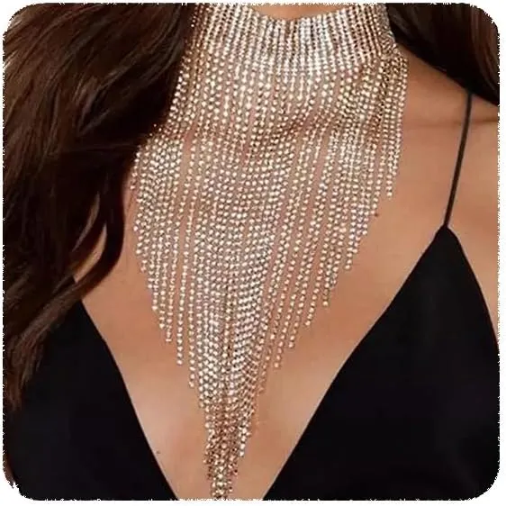 YERTTER Sparkle Silver Full Fringe Rhinestone Y Chain Tassel Chain Exaggrated Collar Luxury Tassel Crystal Statement Clavicle Choker Necklace for Wedding Party Music Bar WomenSilver 4