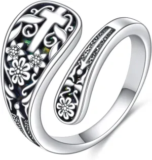 YFN S925 Sterling Silver Hummingbird/Cross/Sunflower/Mountain/Tree of Life Spoon Ring - Vintage Boho Sunflower Thumb Oxidized Wrap Rings Victorian Style Antique Floral Jewelry Gifts for Men Women