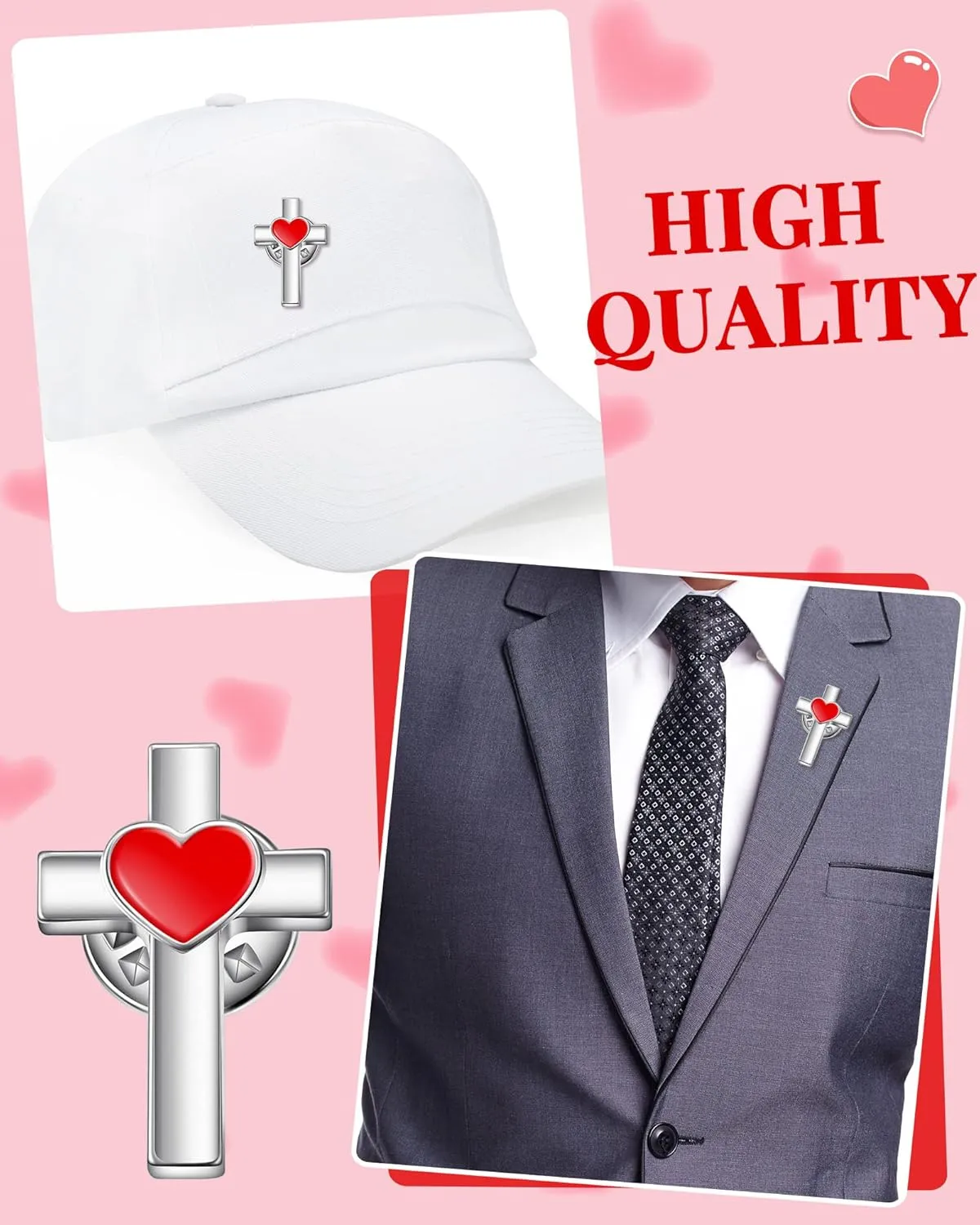 Yinkin Small Cross with Heart Lapel Pins Brooch Bulk Religious Christian Chaplain Funeral Church Prayer Condolence