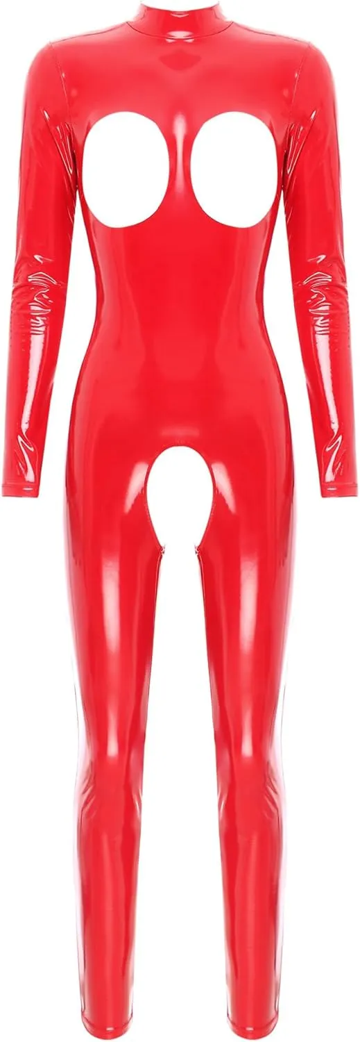 YiZYiF Womens Latex Jumpsuit Sleeveless Hollowing Out One Piece Outfits Bodycon Party Club Rompers