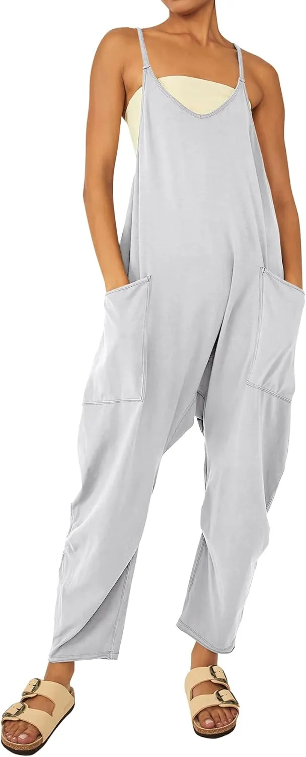 Ytfsrukp Womens Loose Casual V Neck Sleeveless Jumpsuits Adjustable Spaghetti Straps Harem Long Pants Overalls with Pockets