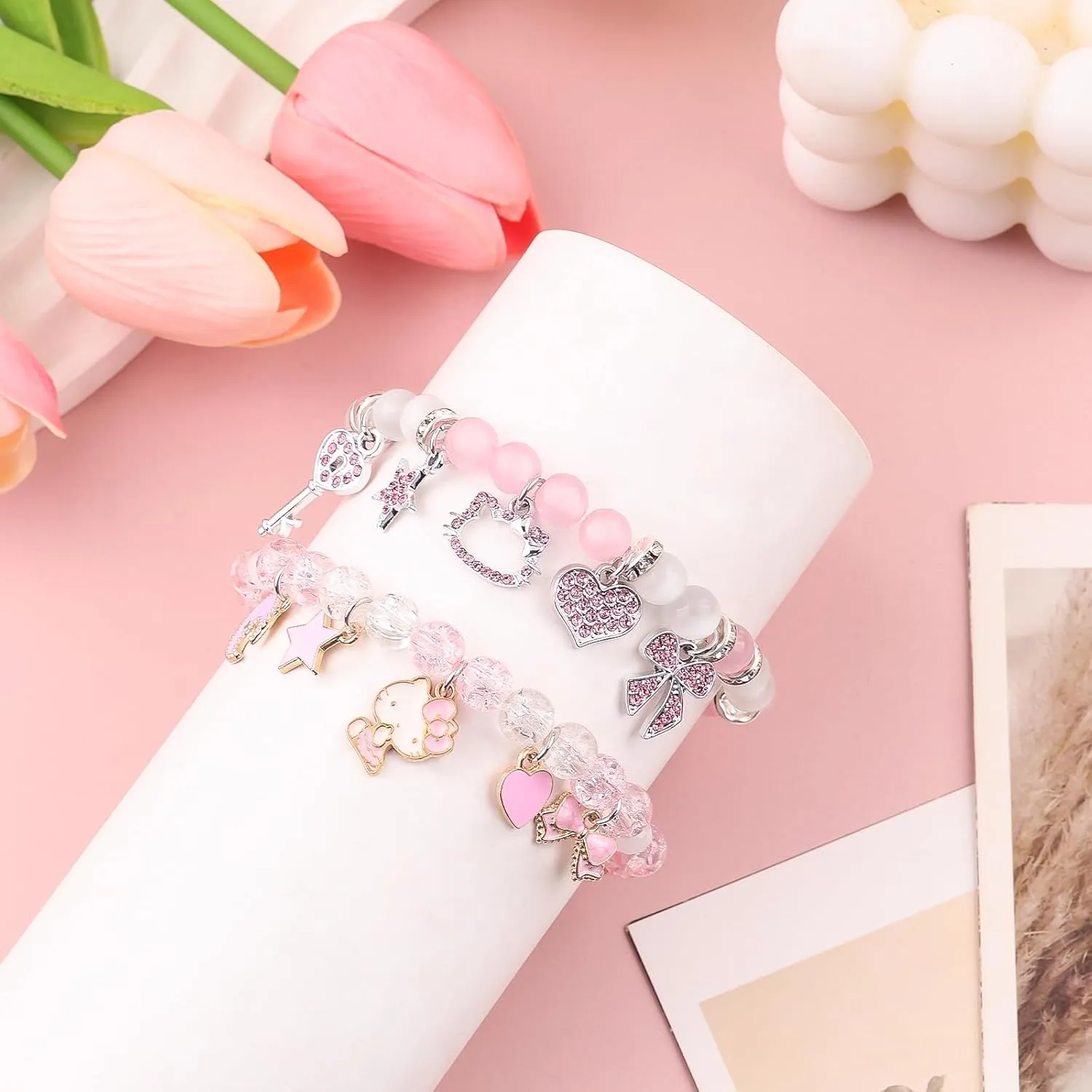 YUZHEJIE Cute Kitty Bracelet Stuff Kawaii Set Crystal Bead Elastic Friendship Bracelets Birthday Christmas Jewelry Gifts for Women Girlfriend Best Friend Sister
