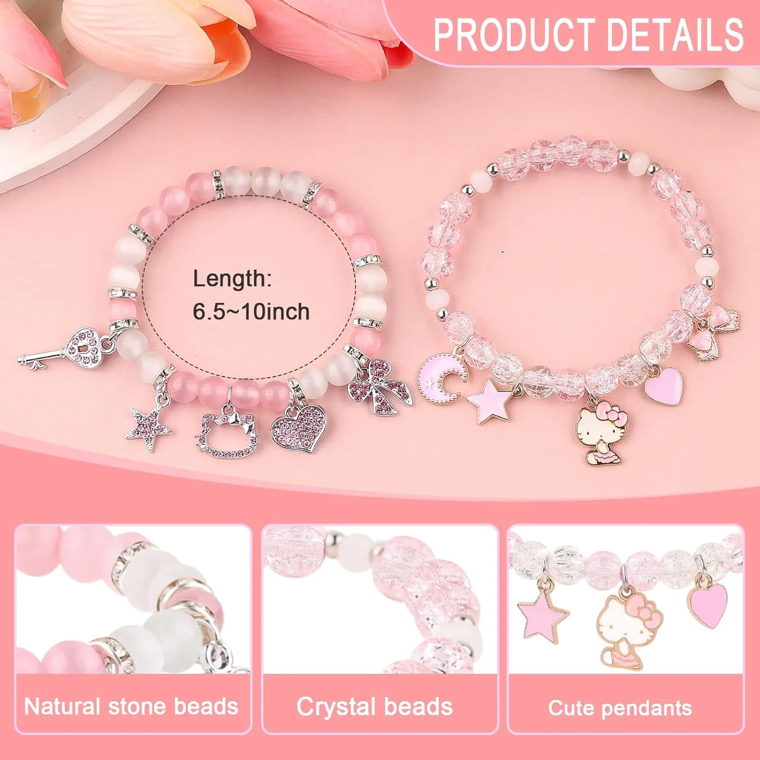 YUZHEJIE Cute Kitty Bracelet Stuff Kawaii Set Crystal Bead Elastic Friendship Bracelets Birthday Christmas Jewelry Gifts for Women Girlfriend Best Friend Sister