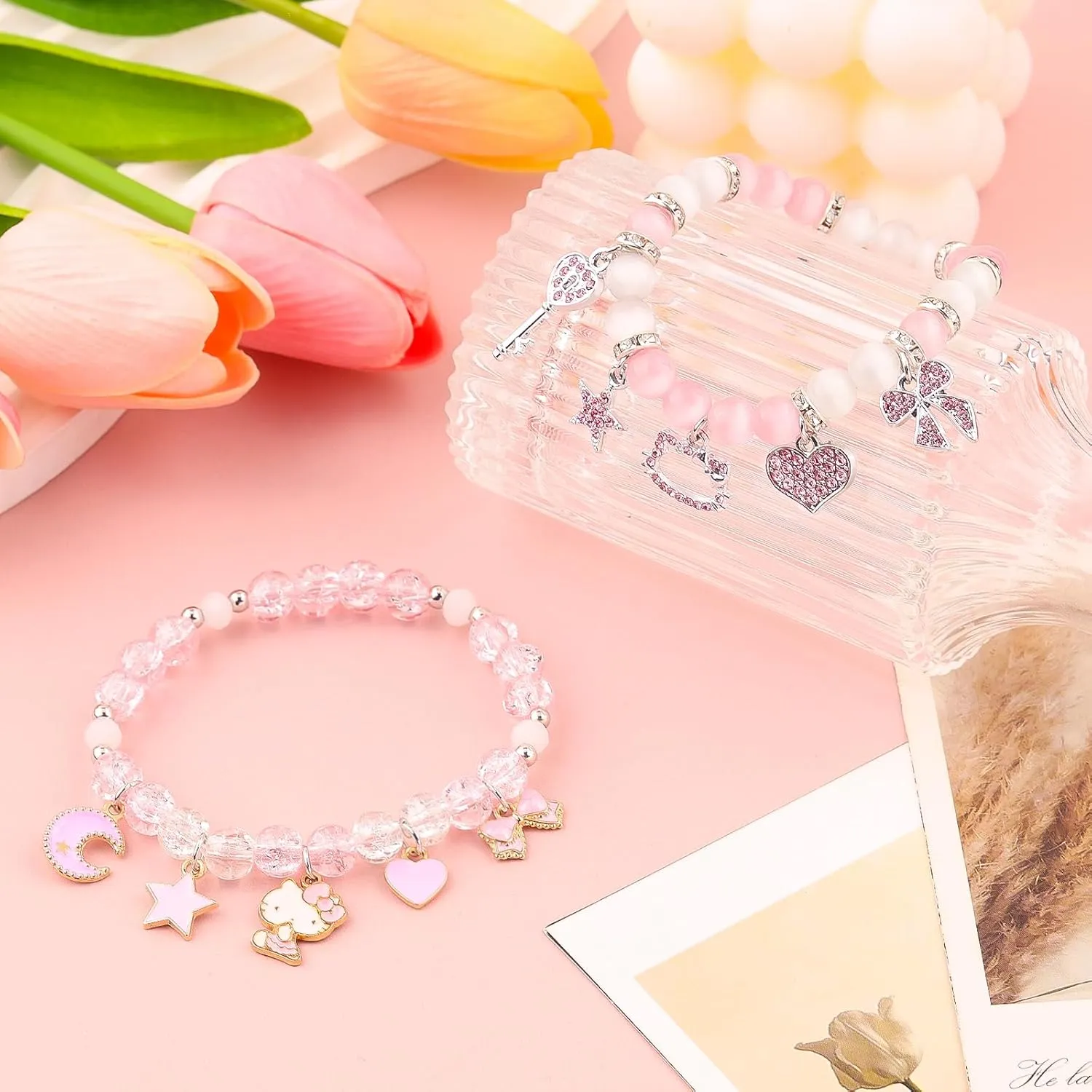 YUZHEJIE Cute Kitty Bracelet Stuff Kawaii Set Crystal Bead Elastic Friendship Bracelets Birthday Christmas Jewelry Gifts for Women Girlfriend Best Friend Sister