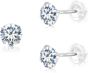 ZDE S925 Sterling Silver Stud Earrings for Women Cubic Zirconia Earrings Studs CZ Hypoallergenic Created Brilliant Diamond Round Cut Earrings 4mm/5mm/6mm
