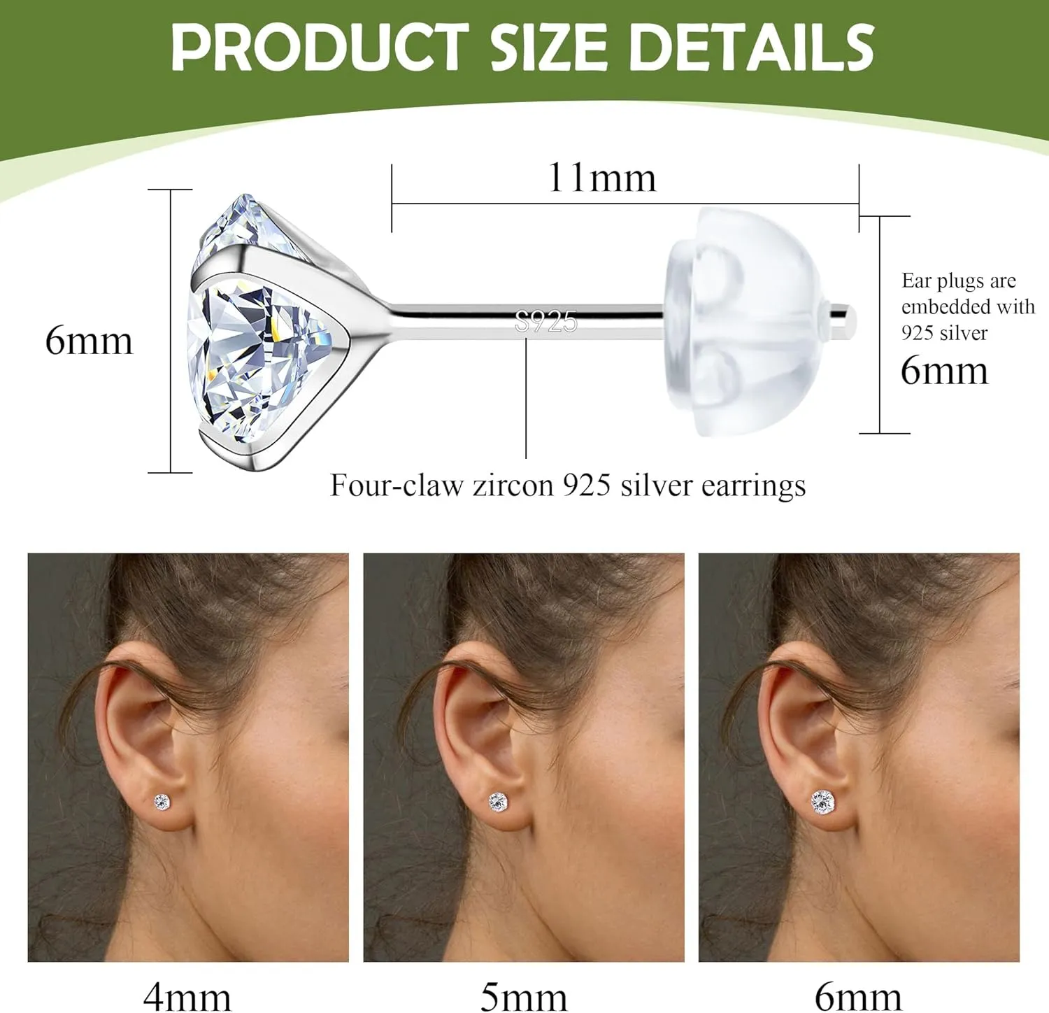 ZDE S925 Sterling Silver Stud Earrings for Women Cubic Zirconia Earrings Studs CZ Hypoallergenic Created Brilliant Diamond Round Cut Earrings 4mm/5mm/6mm