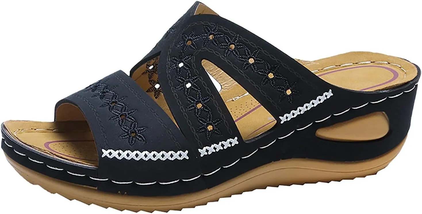 ZSpzx Orthopedic Sandals For Women 2025,Hollow Out Wedge Sandals Dressy Summer Comfortable Open Toe Slippers Flat Casual Boho Slip on Beach Outdoor Walking Shoes Sandalias OrtopDicas Para Mujer