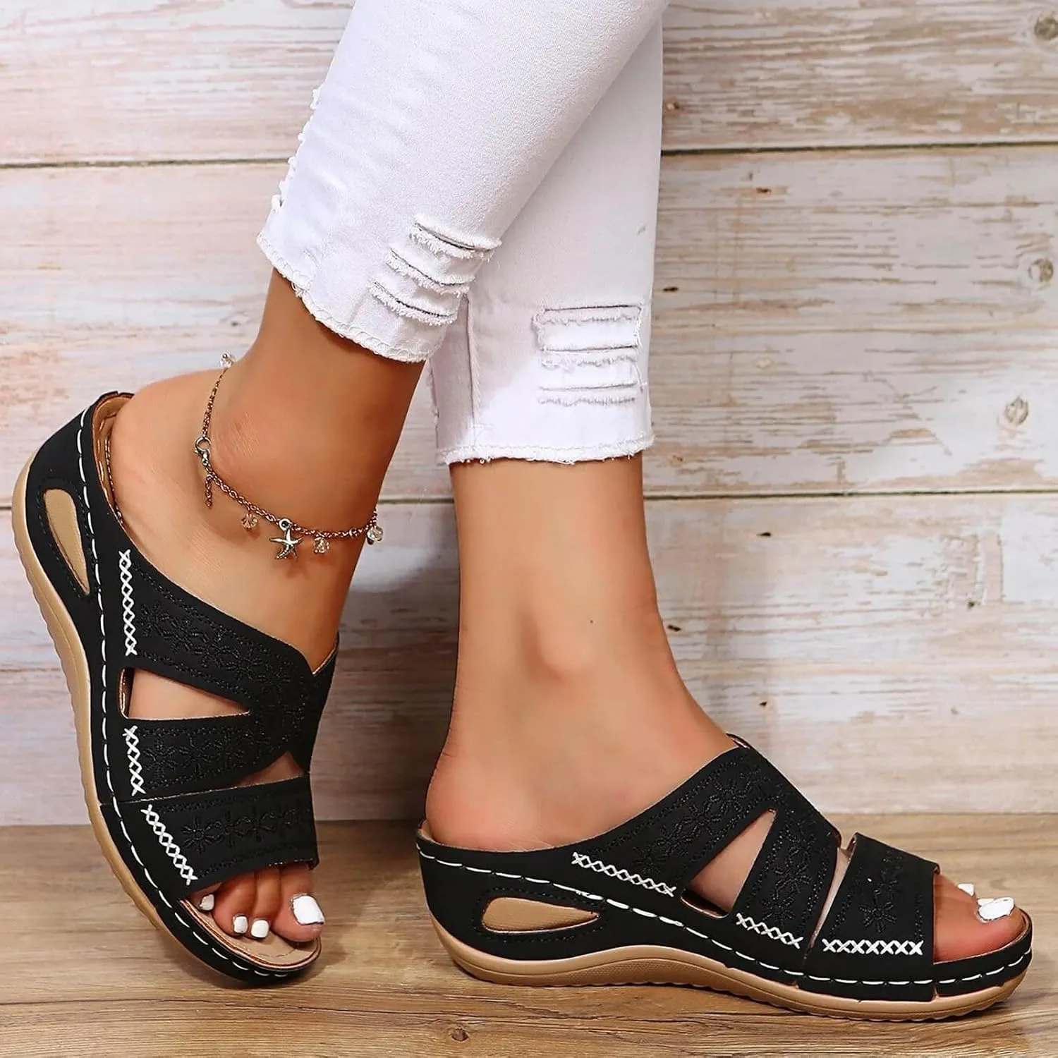 ZSpzx Orthopedic Sandals For Women 2025,Hollow Out Wedge Sandals Dressy Summer Comfortable Open Toe Slippers Flat Casual Boho Slip on Beach Outdoor Walking Shoes Sandalias OrtopDicas Para Mujer