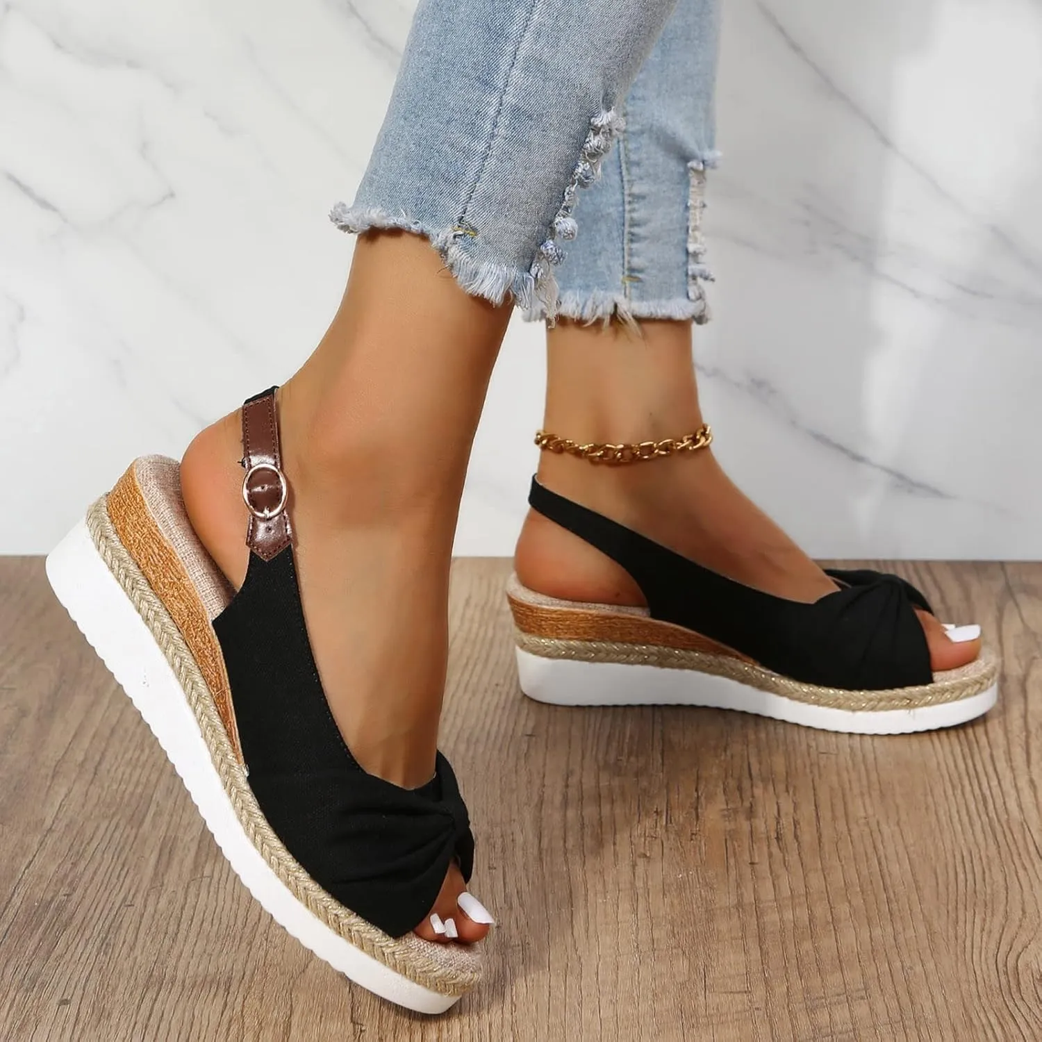 ZSpzx Orthopedic Sandals for Women,Espadrille 2025 Dressy Summer Platform Womens Wedge Sandals Dressy Summer Bow Open Toe Ankle Strap Beach Casual Slip on Slippers Comfortable Walking Outdoor Shoes