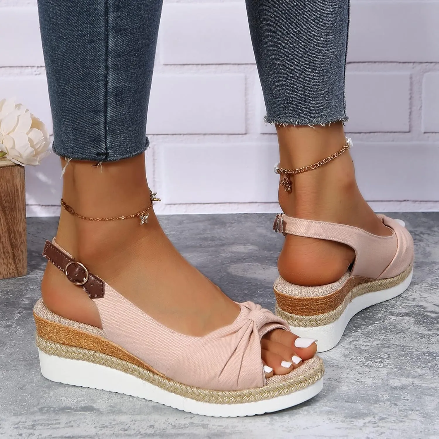 ZSpzx Orthopedic Sandals for Women,Espadrille 2025 Dressy Summer Platform Womens Wedge Sandals Dressy Summer Bow Open Toe Ankle Strap Beach Casual Slip on Slippers Comfortable Walking Outdoor Shoes