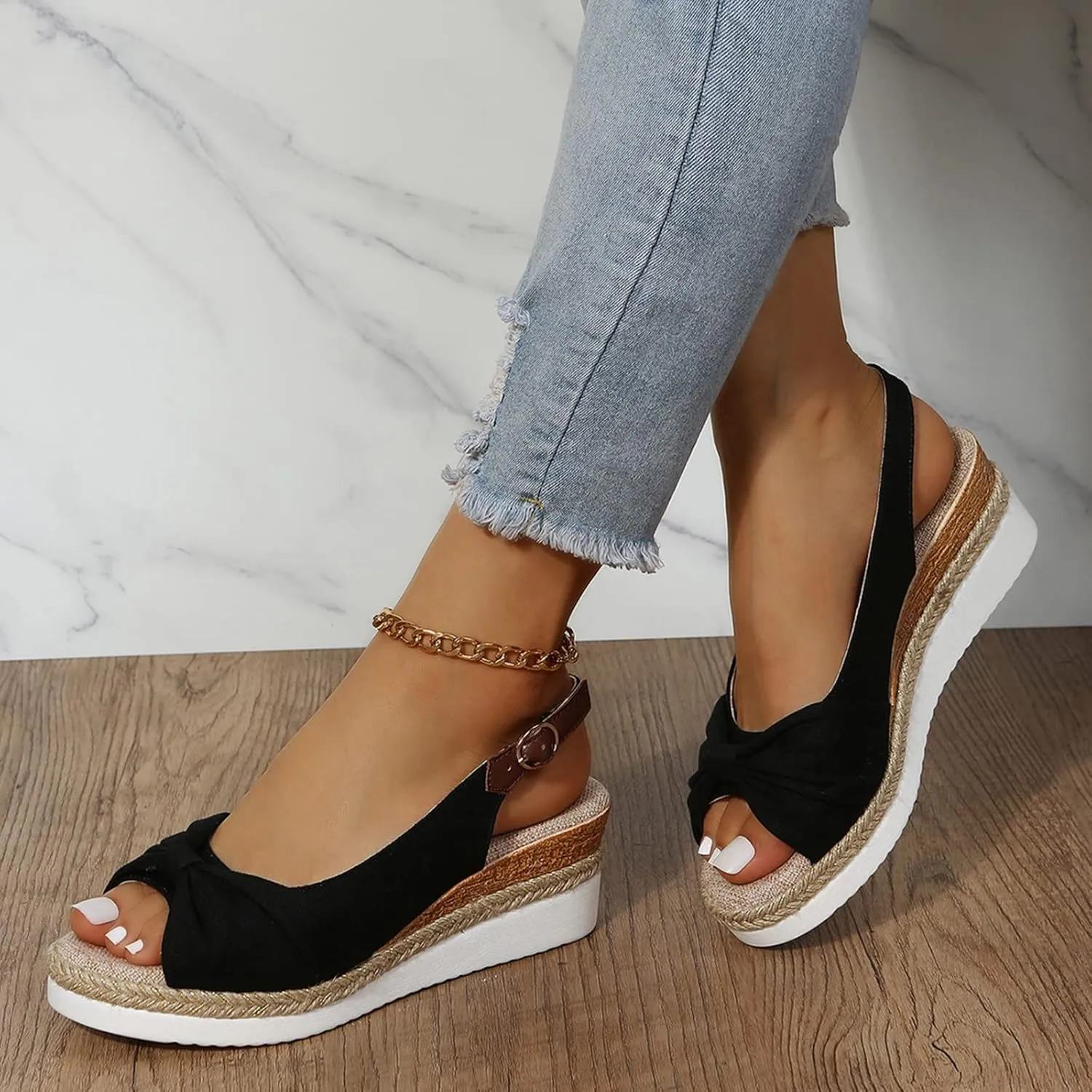 ZSpzx Orthopedic Sandals for Women,Espadrille 2025 Dressy Summer Platform Womens Wedge Sandals Dressy Summer Bow Open Toe Ankle Strap Beach Casual Slip on Slippers Comfortable Walking Outdoor Shoes