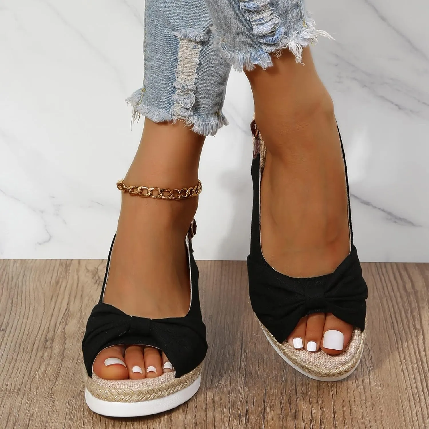 ZSpzx Orthopedic Sandals for Women,Espadrille 2025 Dressy Summer Platform Womens Wedge Sandals Dressy Summer Bow Open Toe Ankle Strap Beach Casual Slip on Slippers Comfortable Walking Outdoor Shoes