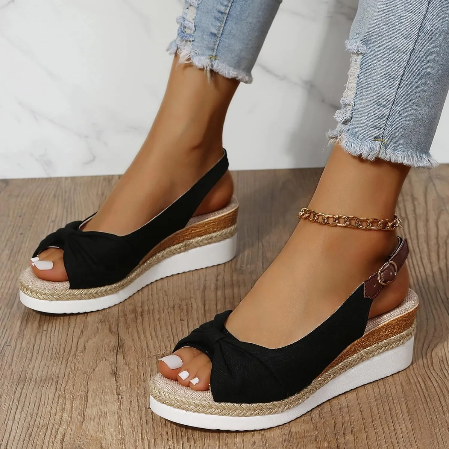 ZSpzx Orthopedic Sandals for Women,Espadrille 2025 Dressy Summer Platform Womens Wedge Sandals Dressy Summer Bow Open Toe Ankle Strap Beach Casual Slip on Slippers Comfortable Walking Outdoor Shoes