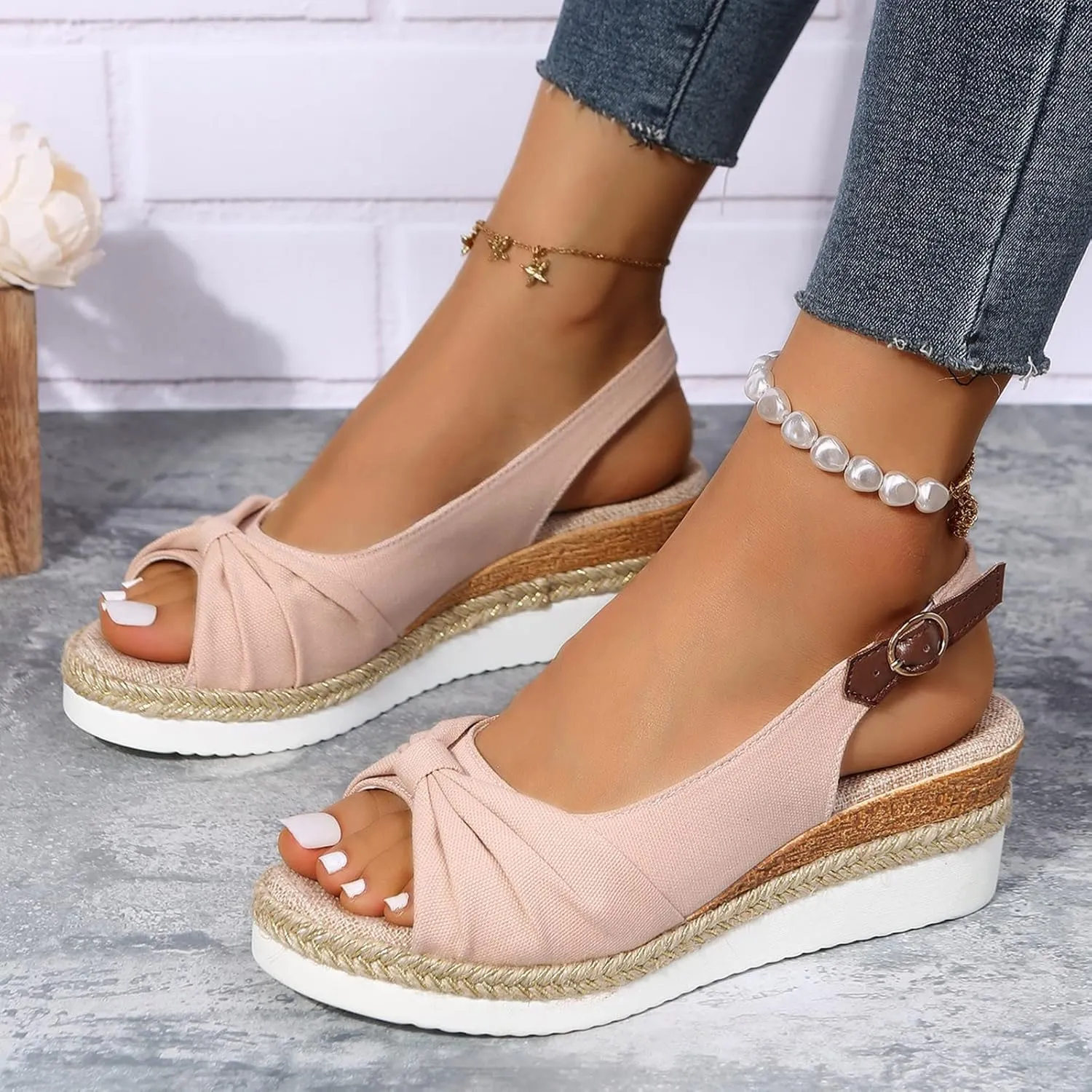 ZSpzx Orthopedic Sandals for Women,Espadrille 2025 Dressy Summer Platform Womens Wedge Sandals Dressy Summer Bow Open Toe Ankle Strap Beach Casual Slip on Slippers Comfortable Walking Outdoor Shoes