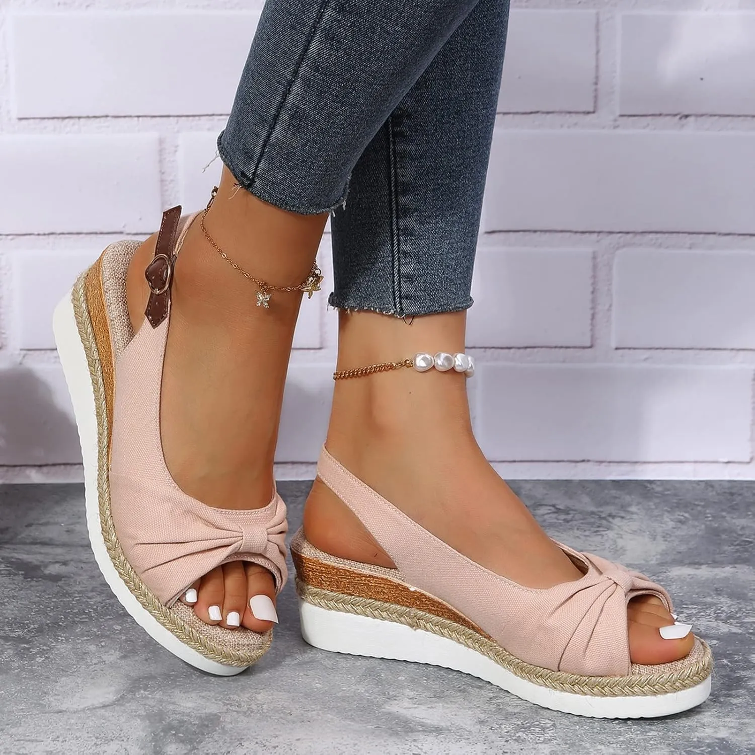ZSpzx Orthopedic Sandals for Women,Espadrille 2025 Dressy Summer Platform Womens Wedge Sandals Dressy Summer Bow Open Toe Ankle Strap Beach Casual Slip on Slippers Comfortable Walking Outdoor Shoes