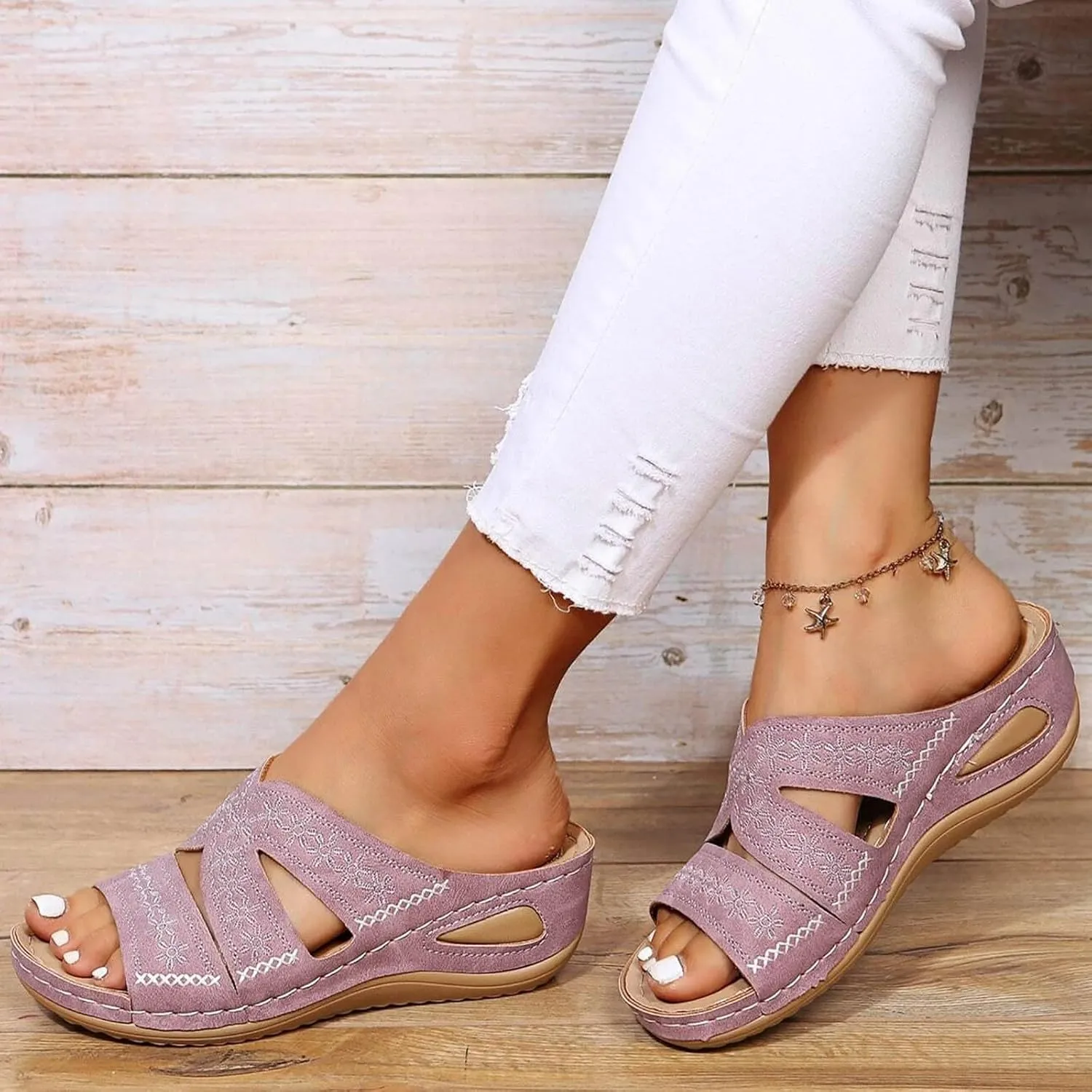 ZSpzx Orthopedic Wedge Sandals for Women 2025 Open Toe Platform Dressy Summer Foot Arch Supports Hollow Out Casual Boho Slip on Beach Dress Comfortable Outdoor Shoes for Daily Wear