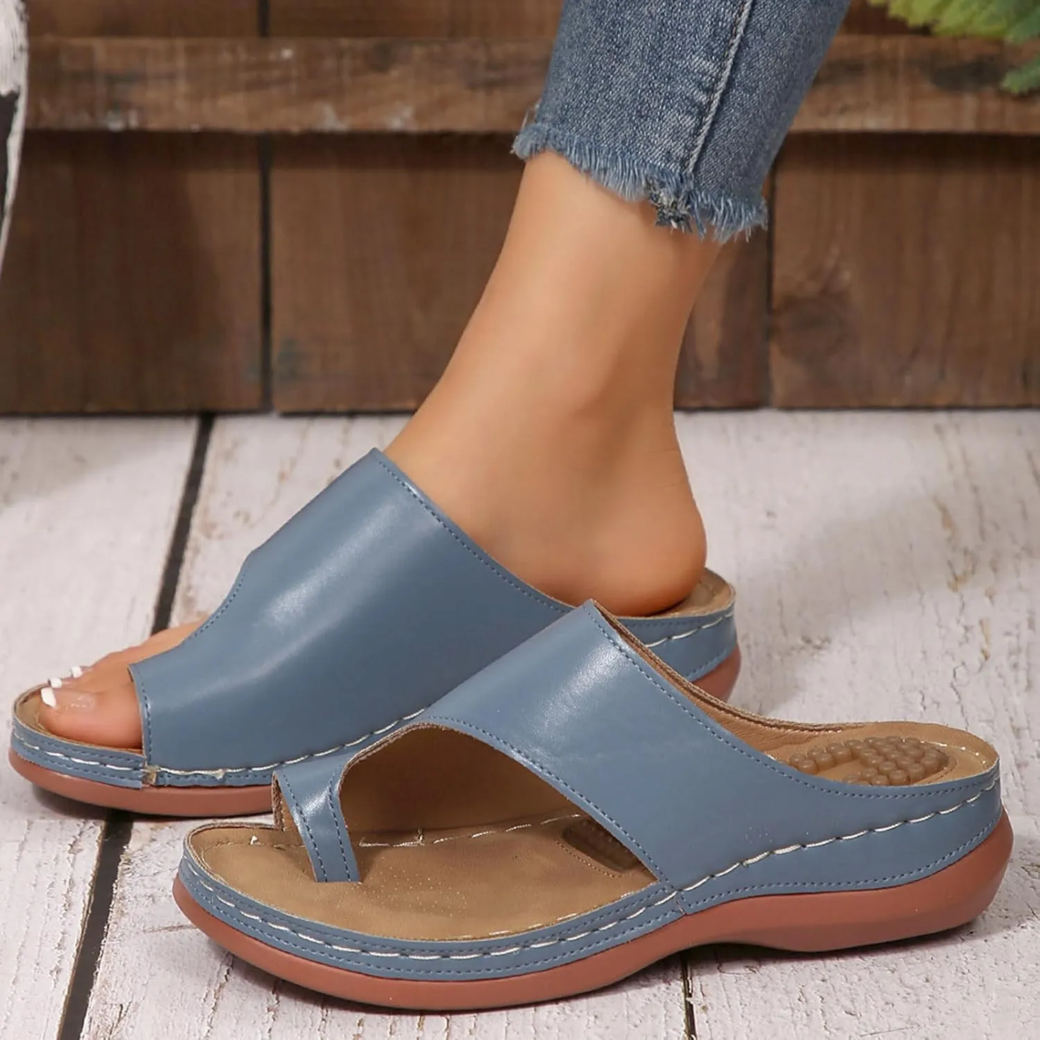 ZSpzx Women Wedge Sandals 2025,Comfortable Ladies Dress Arch Support Casual Shoe Breathable Orthopedic Slippers Summer Beach Vacation Slides Indoor/Outdoor Slip-On Peep Toe Ring Walking Footwear