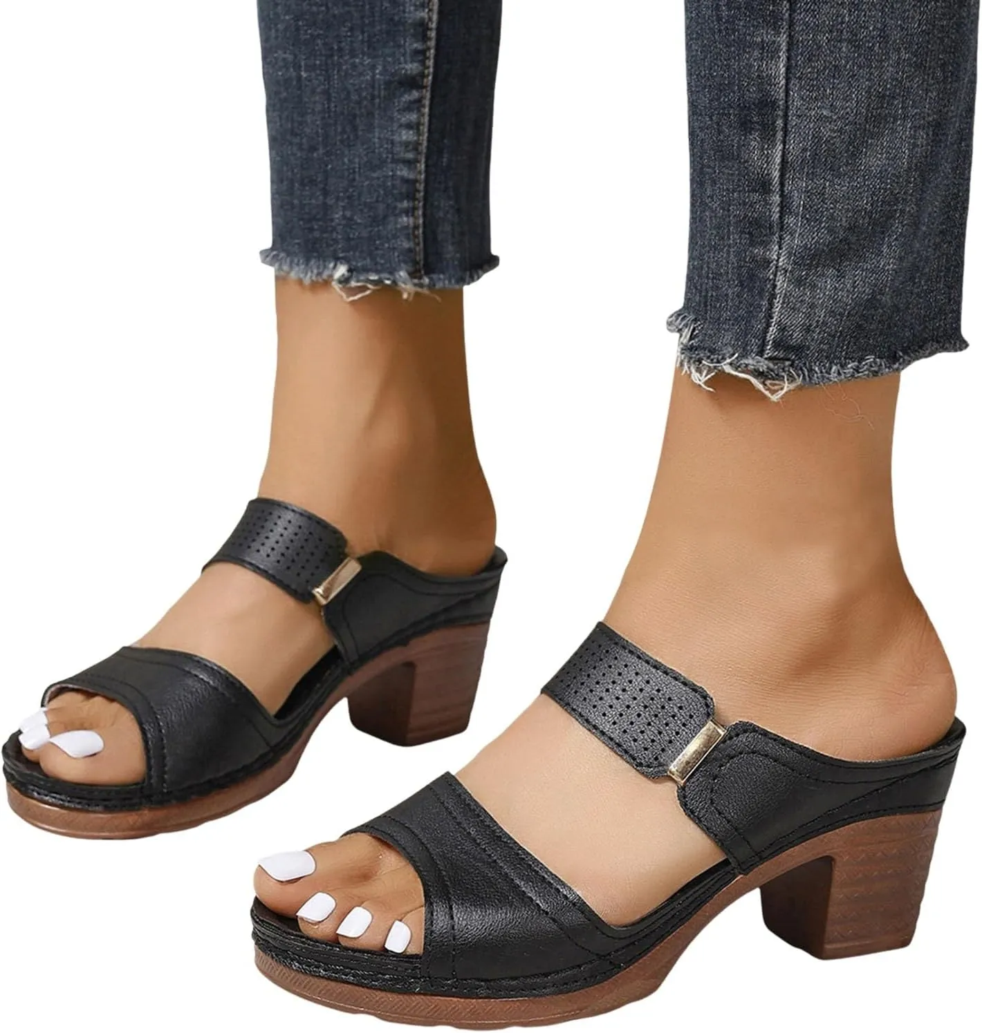 ZSpzx Women's Heeled Sandals Two Strap Open Toe Mid Ankle Sandal Mules Chunky Heels Casual Dress Shoes Comfortable Slippers Low Block Slip On Womens Summer Backless Walking Slide for Daily Wear