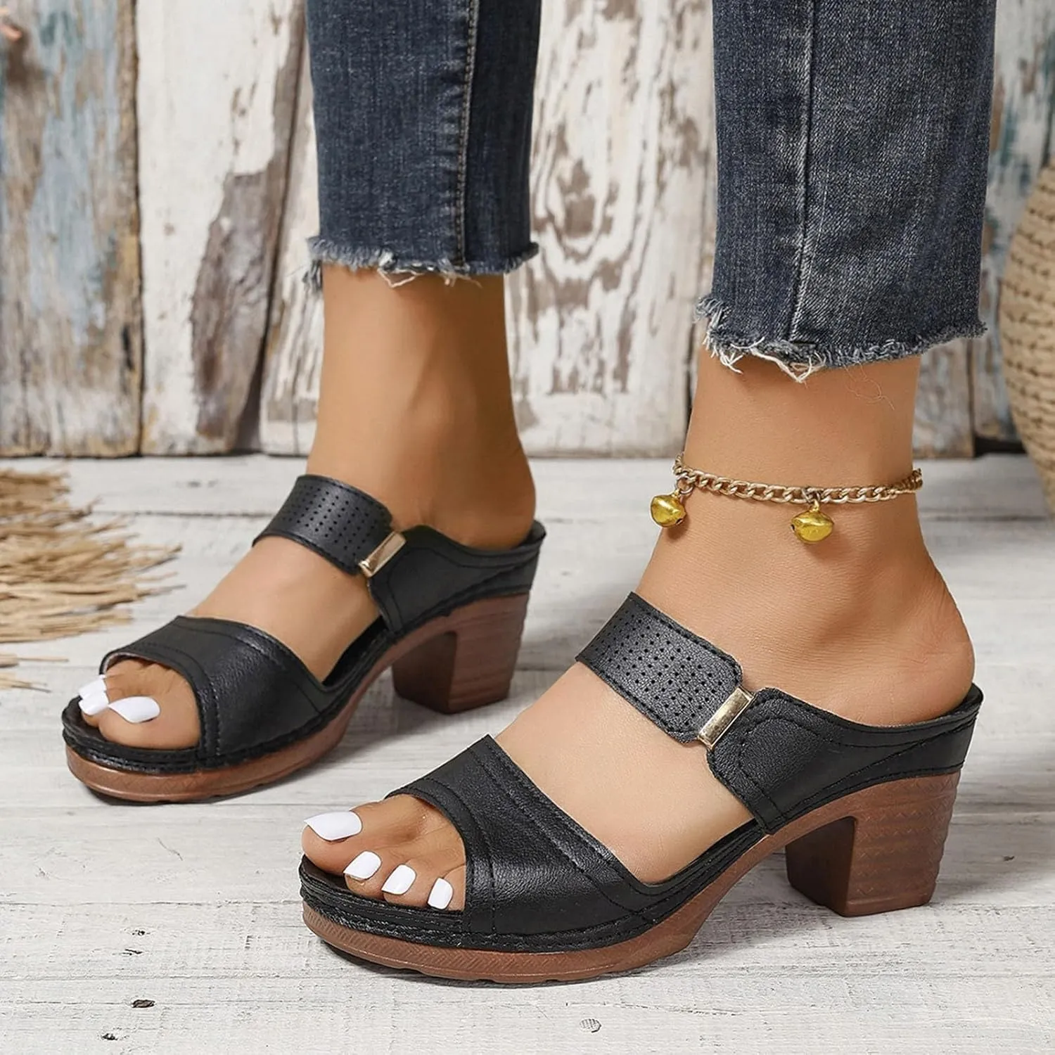 ZSpzx Women's Heeled Sandals Two Strap Open Toe Mid Ankle Sandal Mules Chunky Heels Casual Dress Shoes Comfortable Slippers Low Block Slip On Womens Summer Backless Walking Slide for Daily Wear