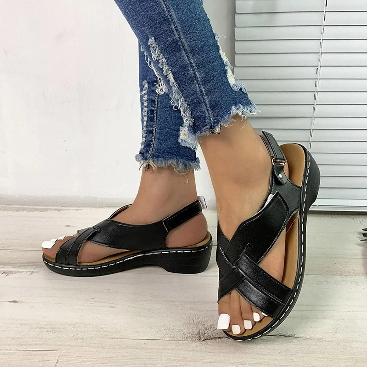 ZSpzx Women's Orthopedic Arch Support Sandals Comfortable for Women Foot Plantar Fasciitis Bunion Slide Open Toe Crisscross Straps Slip On Dressy Summer Adjustable Walking Casual Orthotic Beach Shoes
