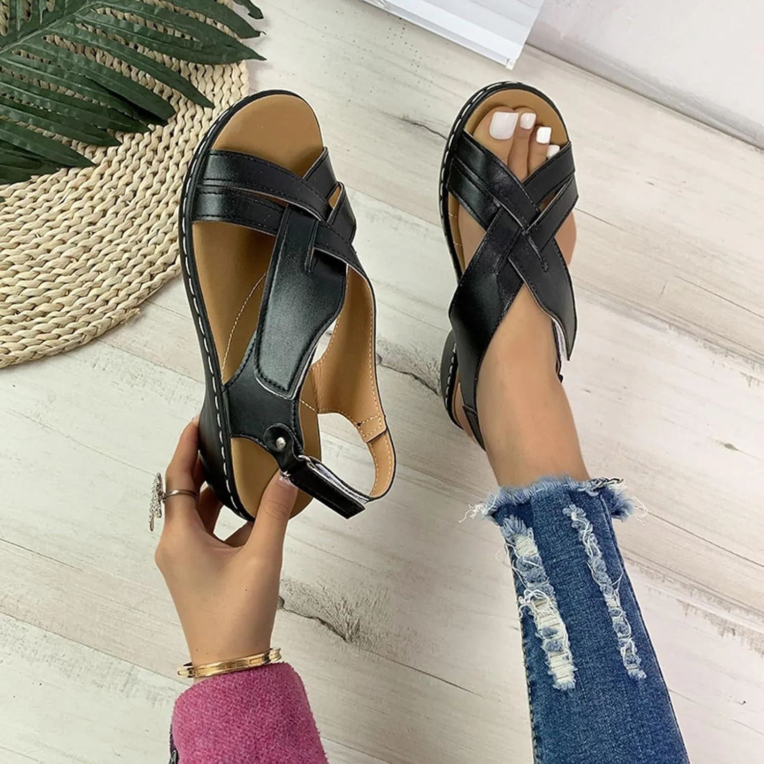 ZSpzx Women's Orthopedic Arch Support Sandals Comfortable for Women Foot Plantar Fasciitis Bunion Slide Open Toe Crisscross Straps Slip On Dressy Summer Adjustable Walking Casual Orthotic Beach Shoes