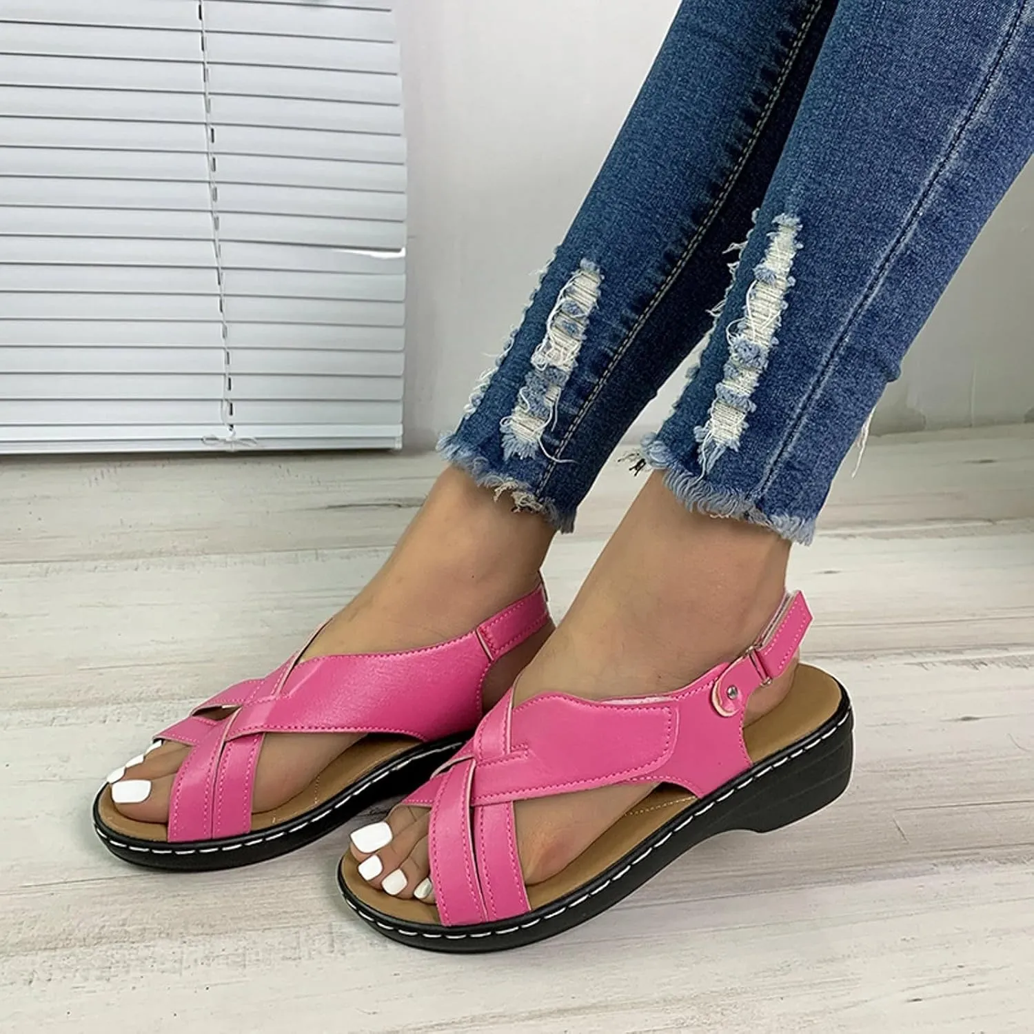 ZSpzx Women's Orthopedic Arch Support Sandals Comfortable for Women Foot Plantar Fasciitis Bunion Slide Open Toe Crisscross Straps Slip On Dressy Summer Adjustable Walking Casual Orthotic Beach Shoes
